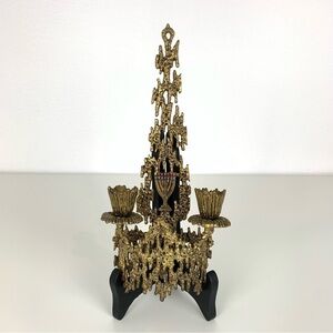Brutalist Wainberg Candleholder Menorah Brass Gold Colored Vtg Wall Decor